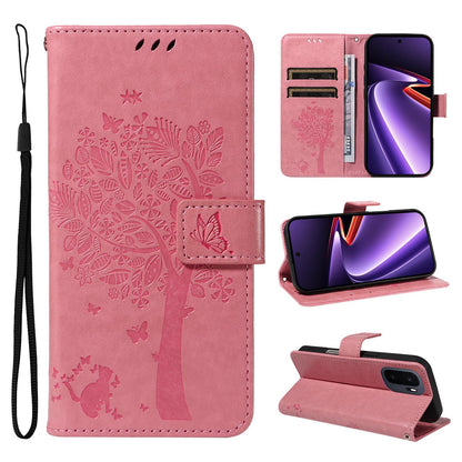 For OnePlus Ace 6 Ultra Tree & Cat Embossed Pattern Flip Leather Phone Case - Pink - EDA006504808A