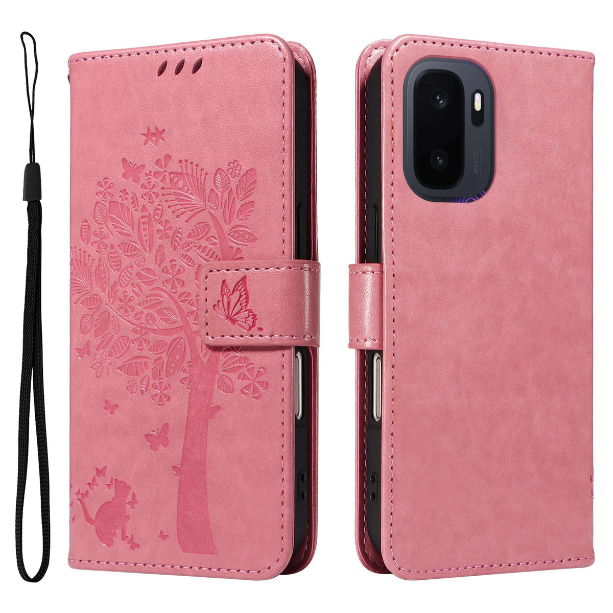 For OnePlus Ace 6 Ultra Tree & Cat Embossed Pattern Flip Leather Phone Case - Pink - EDA006504808A