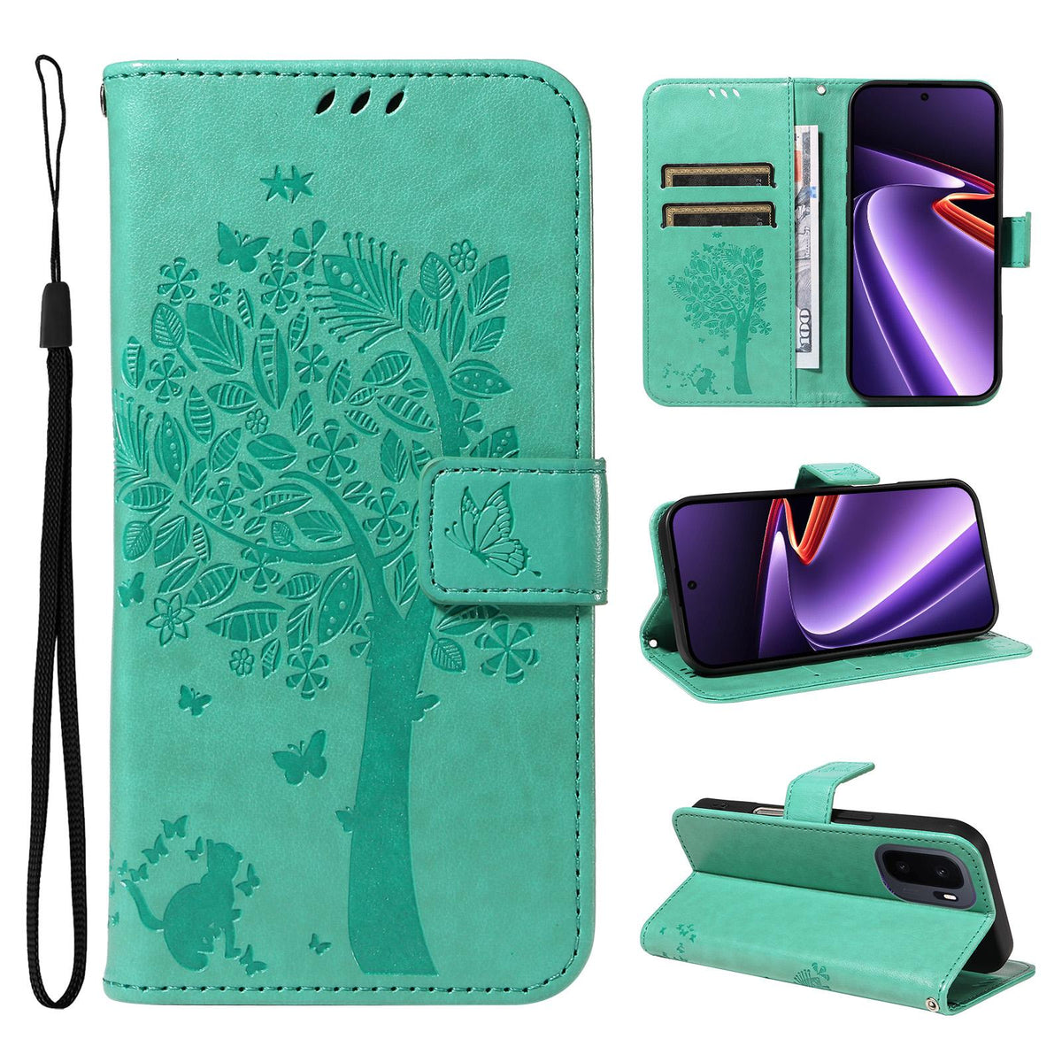 For OnePlus Ace 6 Ultra Tree & Cat Embossed Pattern Flip Leather Phone Case - Green - EDA006504808B