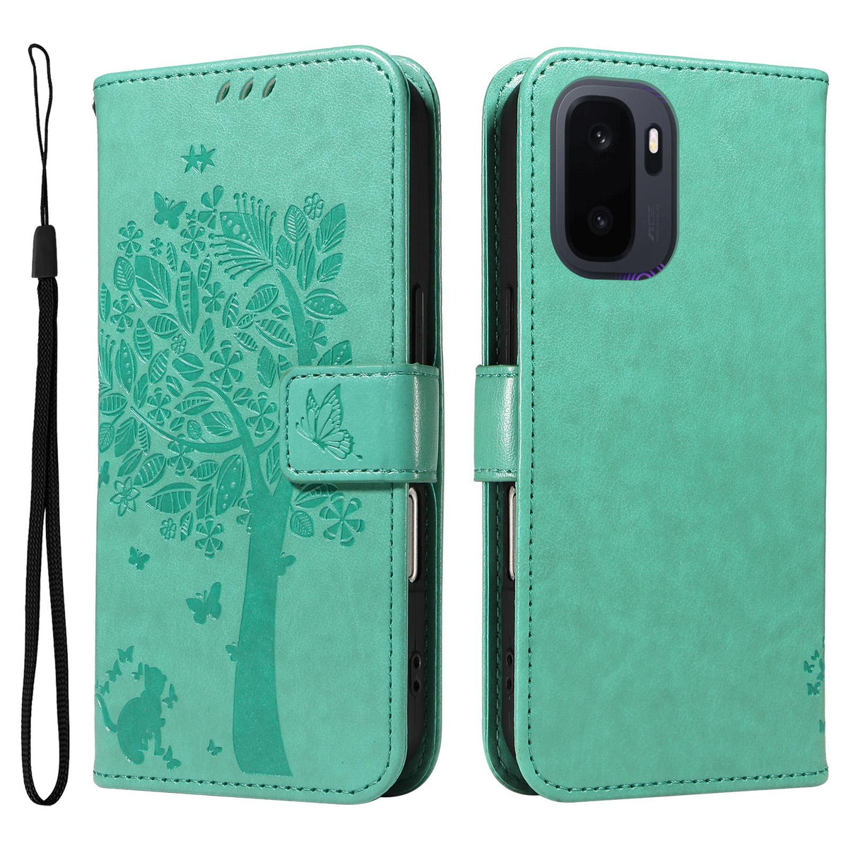For OnePlus Ace 6 Ultra Tree & Cat Embossed Pattern Flip Leather Phone Case - Green - EDA006504808B