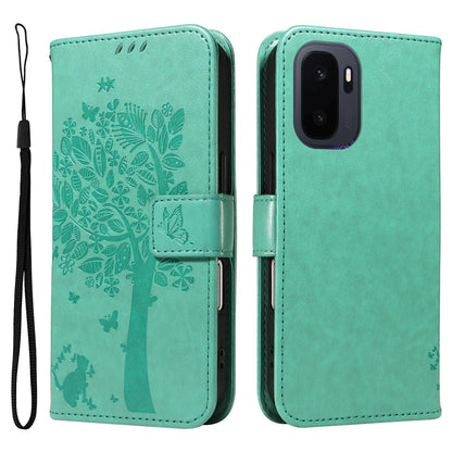 For OnePlus Ace 6 Ultra Tree & Cat Embossed Pattern Flip Leather Phone Case - Green - EDA006504808B