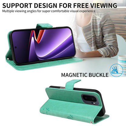 For OnePlus Ace 6 Ultra Tree & Cat Embossed Pattern Flip Leather Phone Case - Green - EDA006504808B