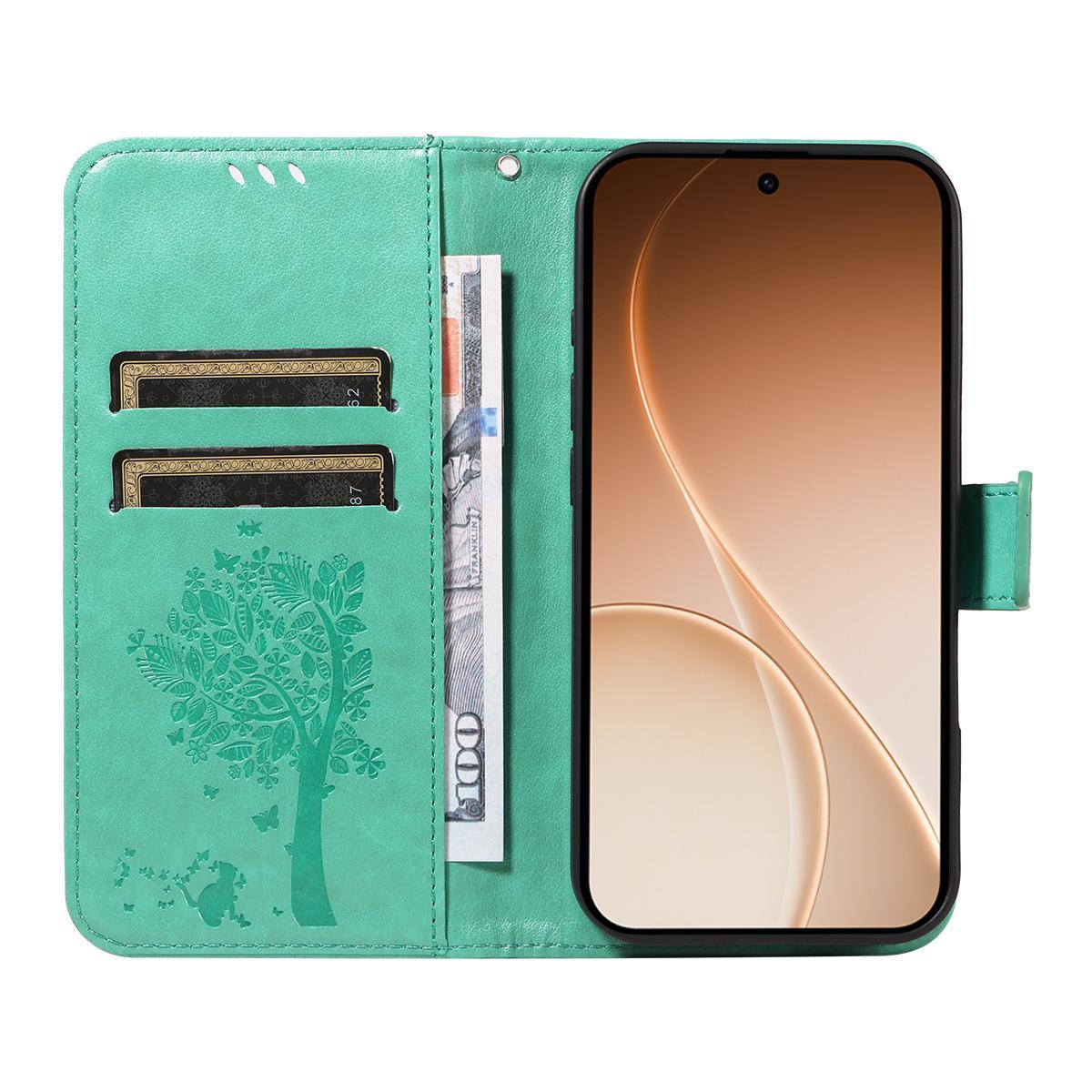 For OnePlus Ace 6 Ultra Tree & Cat Embossed Pattern Flip Leather Phone Case - Green - EDA006504808B