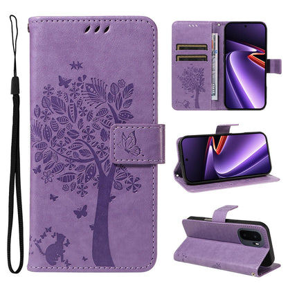 For OnePlus Ace 6 Ultra Tree & Cat Embossed Pattern Flip Leather Phone Case - Light Purple - EDA006504808C