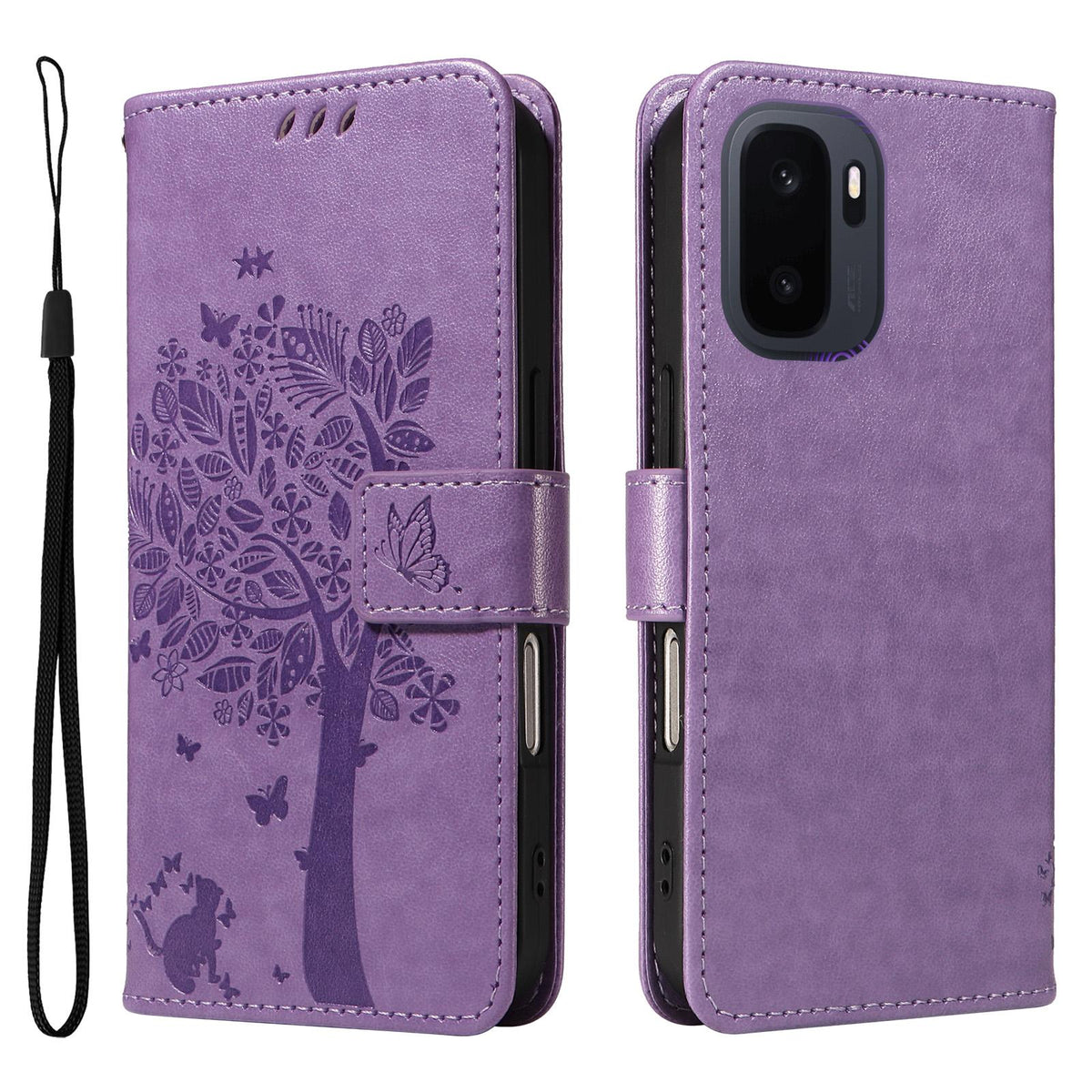 For OnePlus Ace 6 Ultra Tree & Cat Embossed Pattern Flip Leather Phone Case - Light Purple - EDA006504808C