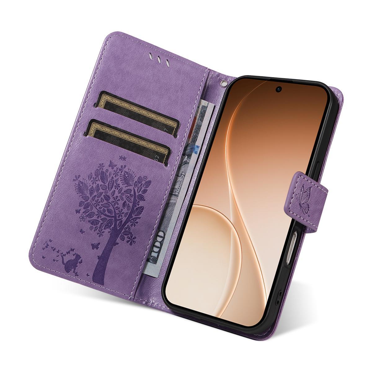For OnePlus Ace 6 Ultra Tree & Cat Embossed Pattern Flip Leather Phone Case - Light Purple - EDA006504808C