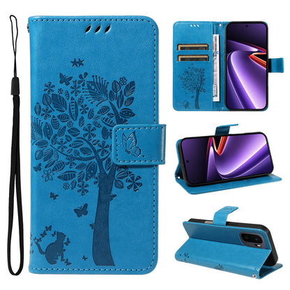 For OnePlus Ace 6 Ultra Tree & Cat Embossed Pattern Flip Leather Phone Case - Blue - EDA006504808D