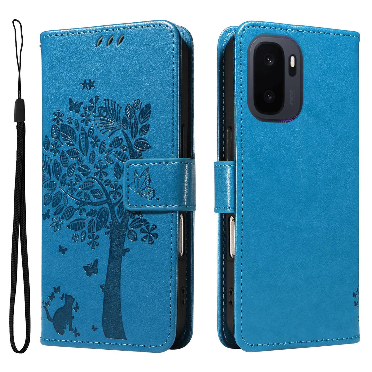 For OnePlus Ace 6 Ultra Tree & Cat Embossed Pattern Flip Leather Phone Case - Blue - EDA006504808D