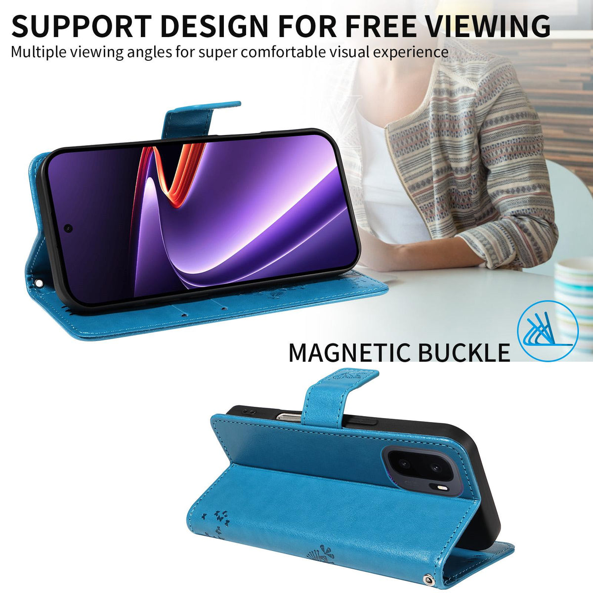 For OnePlus Ace 6 Ultra Tree & Cat Embossed Pattern Flip Leather Phone Case - Blue - EDA006504808D