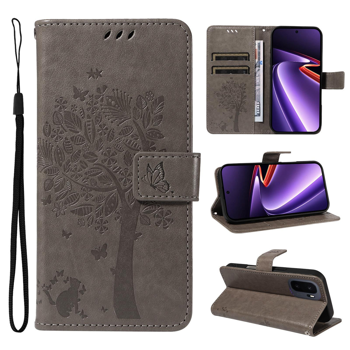 For OnePlus Ace 6 Ultra Tree & Cat Embossed Pattern Flip Leather Phone Case - Grey - EDA006504808E