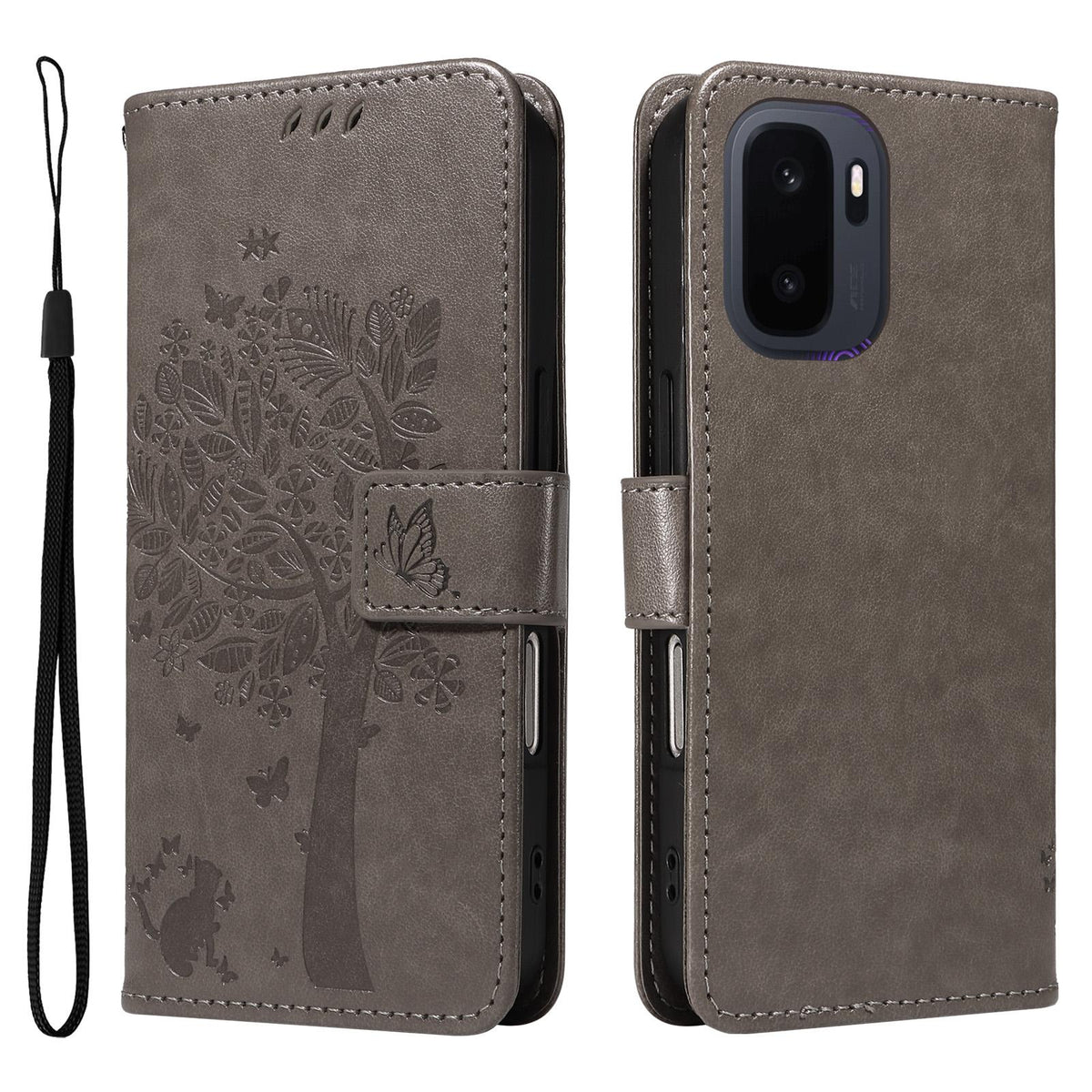 For OnePlus Ace 6 Ultra Tree & Cat Embossed Pattern Flip Leather Phone Case - Grey - EDA006504808E