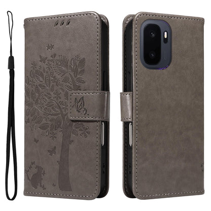 For OnePlus Ace 6 Ultra Tree & Cat Embossed Pattern Flip Leather Phone Case - Grey - EDA006504808E