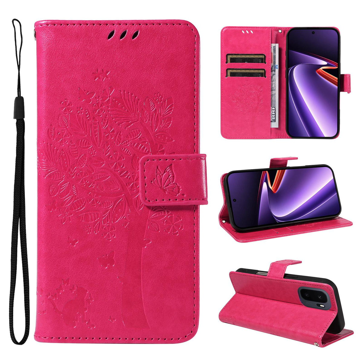 For OnePlus Ace 6 Ultra Tree & Cat Embossed Pattern Flip Leather Phone Case - Rose Red - EDA006504808F