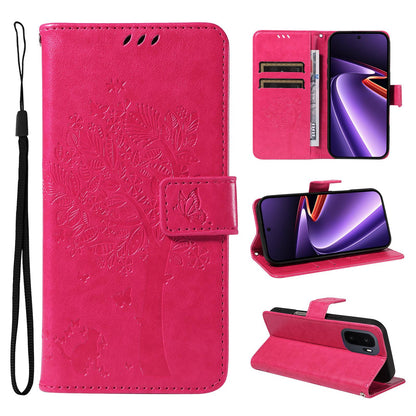 For OnePlus Ace 6 Ultra Tree & Cat Embossed Pattern Flip Leather Phone Case - Rose Red - EDA006504808F