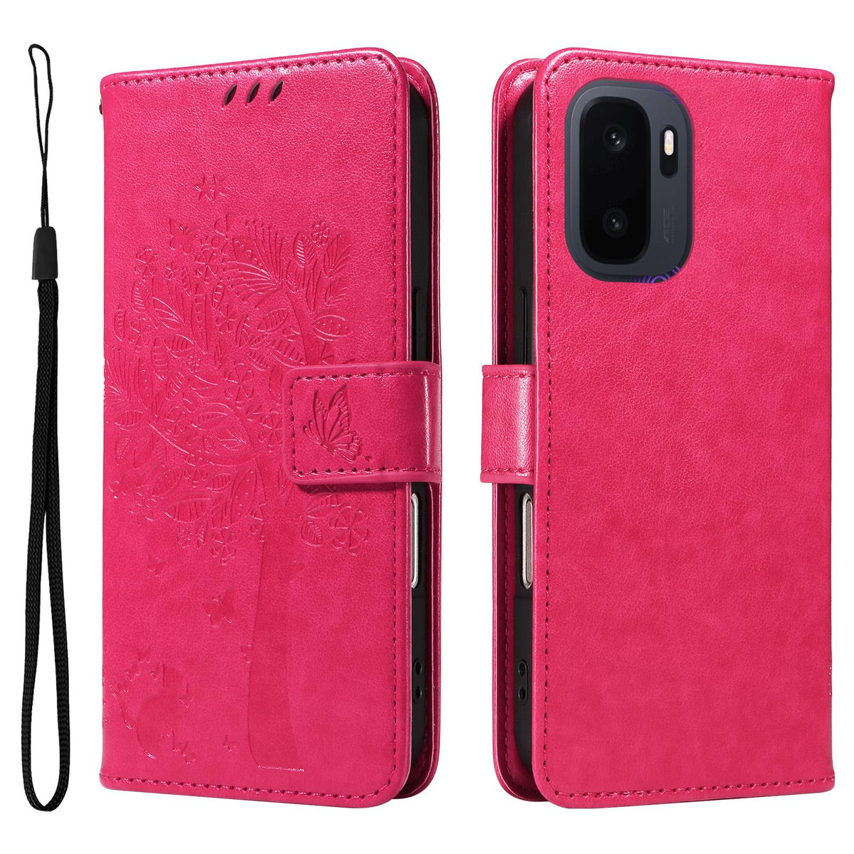 For OnePlus Ace 6 Ultra Tree & Cat Embossed Pattern Flip Leather Phone Case - Rose Red - EDA006504808F