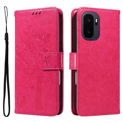 For OnePlus Ace 6 Ultra Tree & Cat Embossed Pattern Flip Leather Phone Case - Rose Red - EDA006504808F
