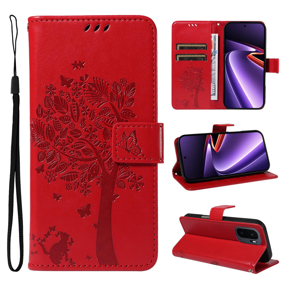 For OnePlus Ace 6 Ultra Tree & Cat Embossed Pattern Flip Leather Phone Case - Red - EDA006504808G