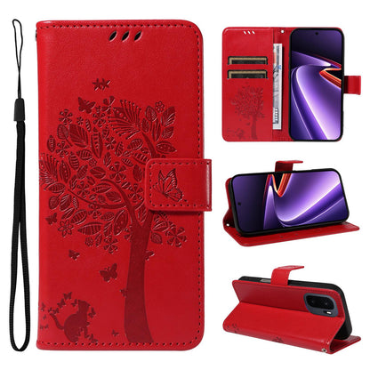 For OnePlus Ace 6 Ultra Tree & Cat Embossed Pattern Flip Leather Phone Case - Red - EDA006504808G