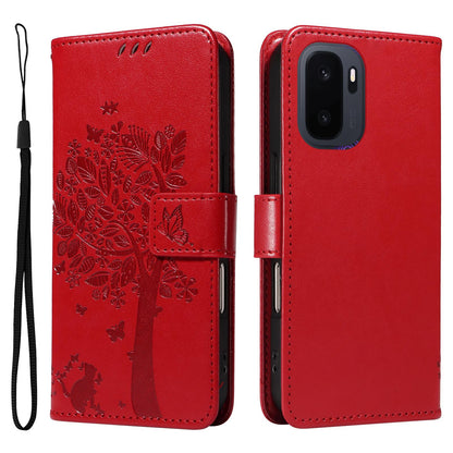 For OnePlus Ace 6 Ultra Tree & Cat Embossed Pattern Flip Leather Phone Case - Red - EDA006504808G
