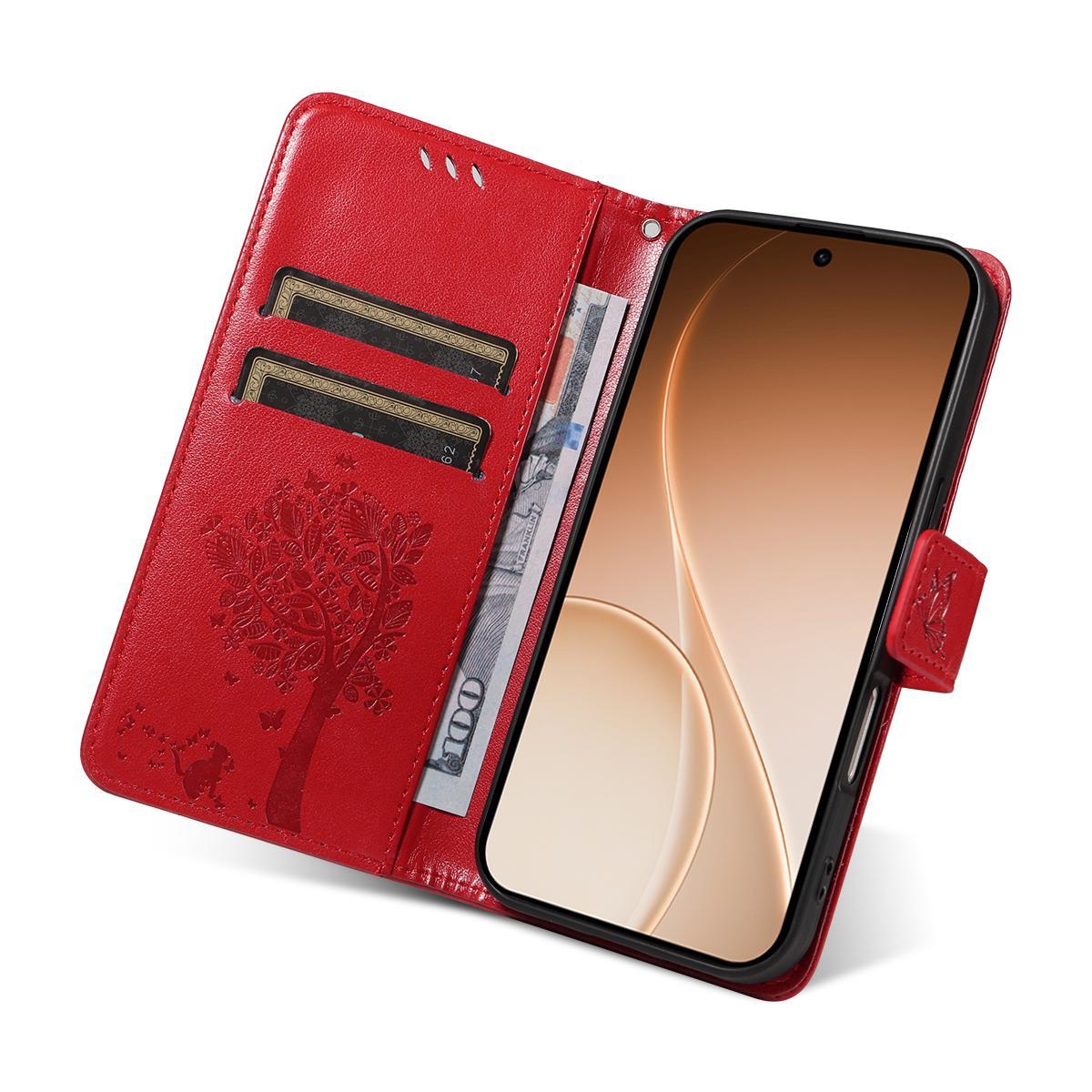 For OnePlus Ace 6 Ultra Tree & Cat Embossed Pattern Flip Leather Phone Case - Red - EDA006504808G