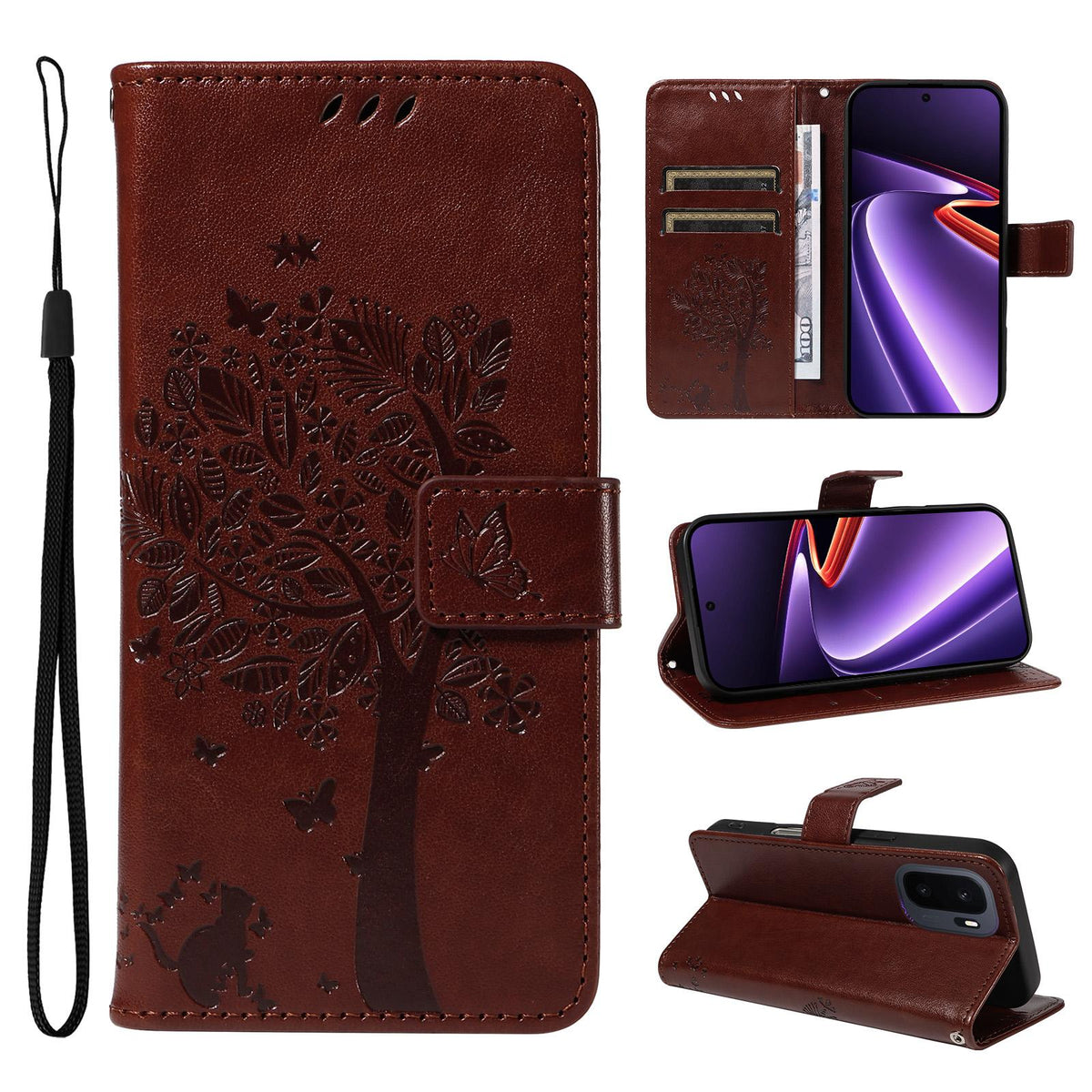 For OnePlus Ace 6 Ultra Tree & Cat Embossed Pattern Flip Leather Phone Case - Coffee - EDA006504808H