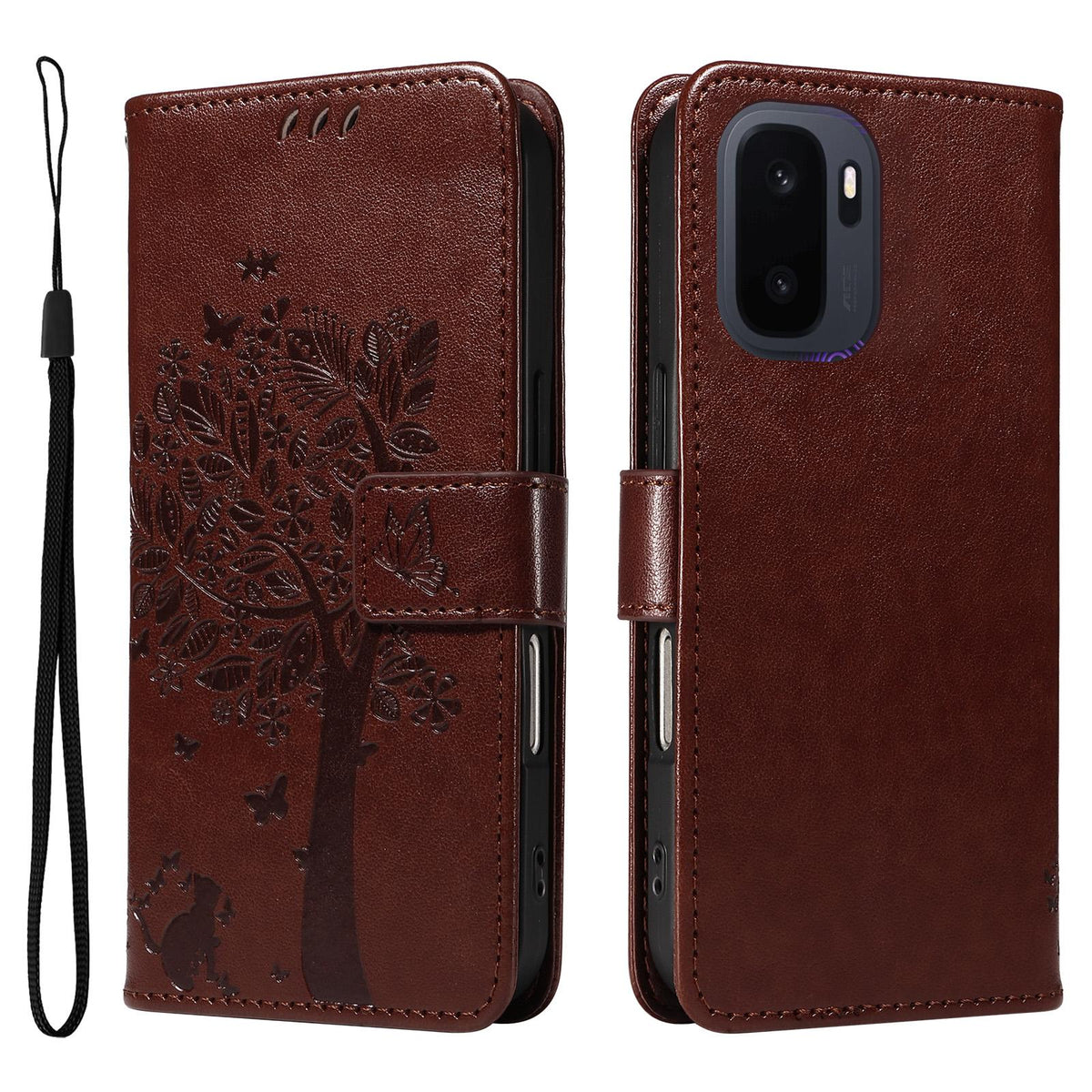For OnePlus Ace 6 Ultra Tree & Cat Embossed Pattern Flip Leather Phone Case - Coffee - EDA006504808H