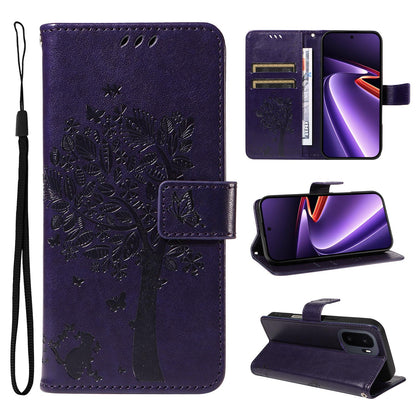 For OnePlus Ace 6 Ultra Tree & Cat Embossed Pattern Flip Leather Phone Case - Purple - EDA006504808I