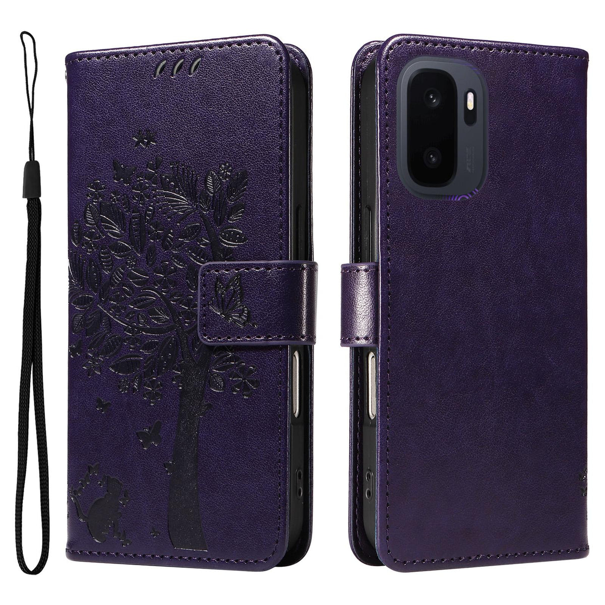 For OnePlus Ace 6 Ultra Tree & Cat Embossed Pattern Flip Leather Phone Case - Purple - EDA006504808I