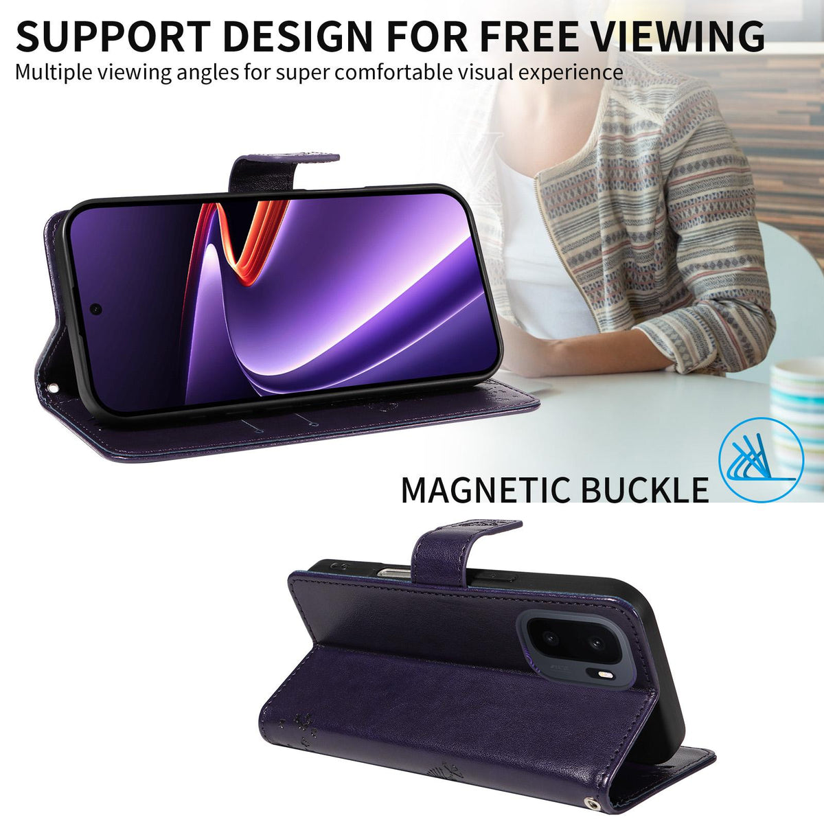 For OnePlus Ace 6 Ultra Tree & Cat Embossed Pattern Flip Leather Phone Case - Purple - EDA006504808I