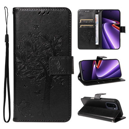 For OnePlus Ace 6 Ultra Tree & Cat Embossed Pattern Flip Leather Phone Case - Black - EDA006504808J