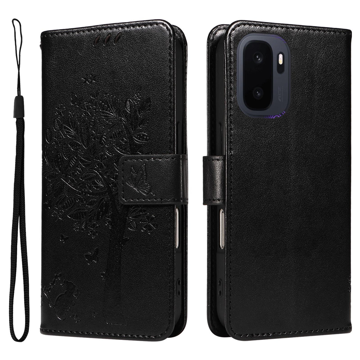 For OnePlus Ace 6 Ultra Tree & Cat Embossed Pattern Flip Leather Phone Case - Black - EDA006504808J