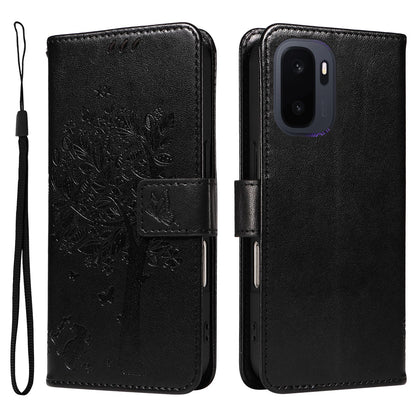 For OnePlus Ace 6 Ultra Tree & Cat Embossed Pattern Flip Leather Phone Case - Black - EDA006504808J