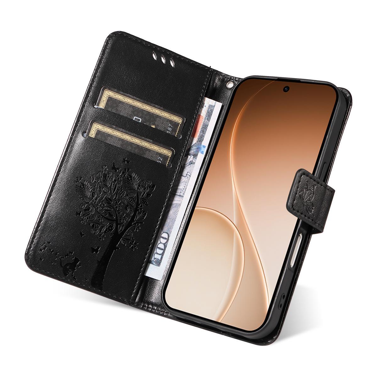 For OnePlus Ace 6 Ultra Tree & Cat Embossed Pattern Flip Leather Phone Case - Black - EDA006504808J