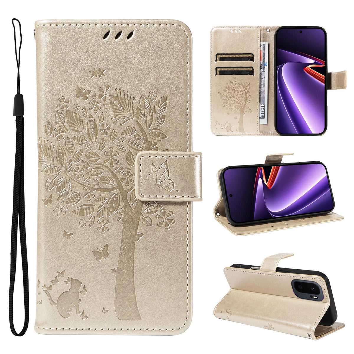 For OnePlus Ace 6 Ultra Tree & Cat Embossed Pattern Flip Leather Phone Case - Gold - EDA006504808K