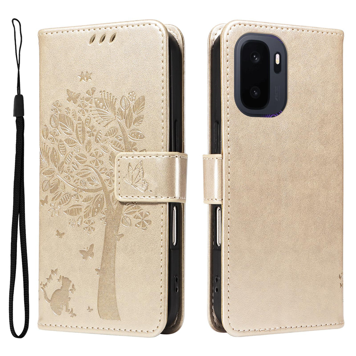 For OnePlus Ace 6 Ultra Tree & Cat Embossed Pattern Flip Leather Phone Case - Gold - EDA006504808K