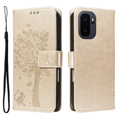 For OnePlus Ace 6 Ultra Tree & Cat Embossed Pattern Flip Leather Phone Case - Gold - EDA006504808K