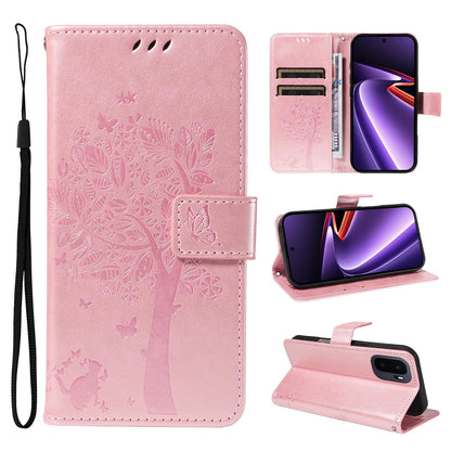 For OnePlus Ace 6 Ultra Tree & Cat Embossed Pattern Flip Leather Phone Case - Rose Gold - EDA006504808L