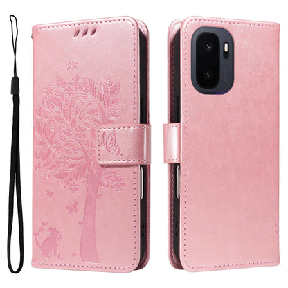 For OnePlus Ace 6 Ultra Tree & Cat Embossed Pattern Flip Leather Phone Case - Rose Gold - EDA006504808L