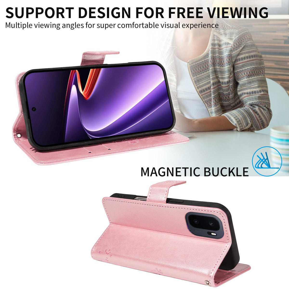 For OnePlus Ace 6 Ultra Tree & Cat Embossed Pattern Flip Leather Phone Case - Rose Gold - EDA006504808L