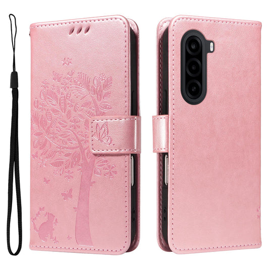 For OnePlus Nord CE6 Lite/Turbo 6X 5G Tree & Cat Embossed Pattern Flip Leather Phone Case - Rose Gold - EDA006504809L