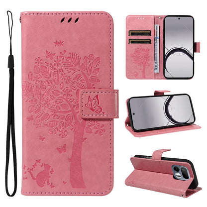 For Realme 16T 5G Tree & Cat Embossed Pattern Flip Leather Phone Case - Pink - EDA006505010A
