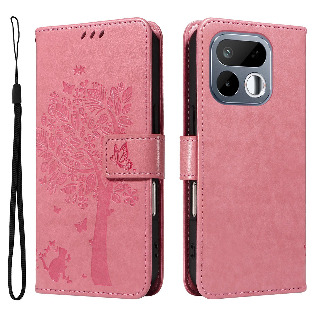 For Realme 16T 5G Tree & Cat Embossed Pattern Flip Leather Phone Case - Pink - EDA006505010A