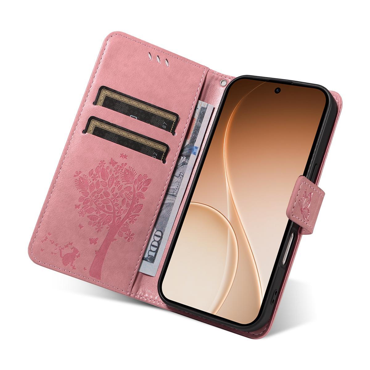 For Realme 16T 5G Tree & Cat Embossed Pattern Flip Leather Phone Case - Pink - EDA006505010A