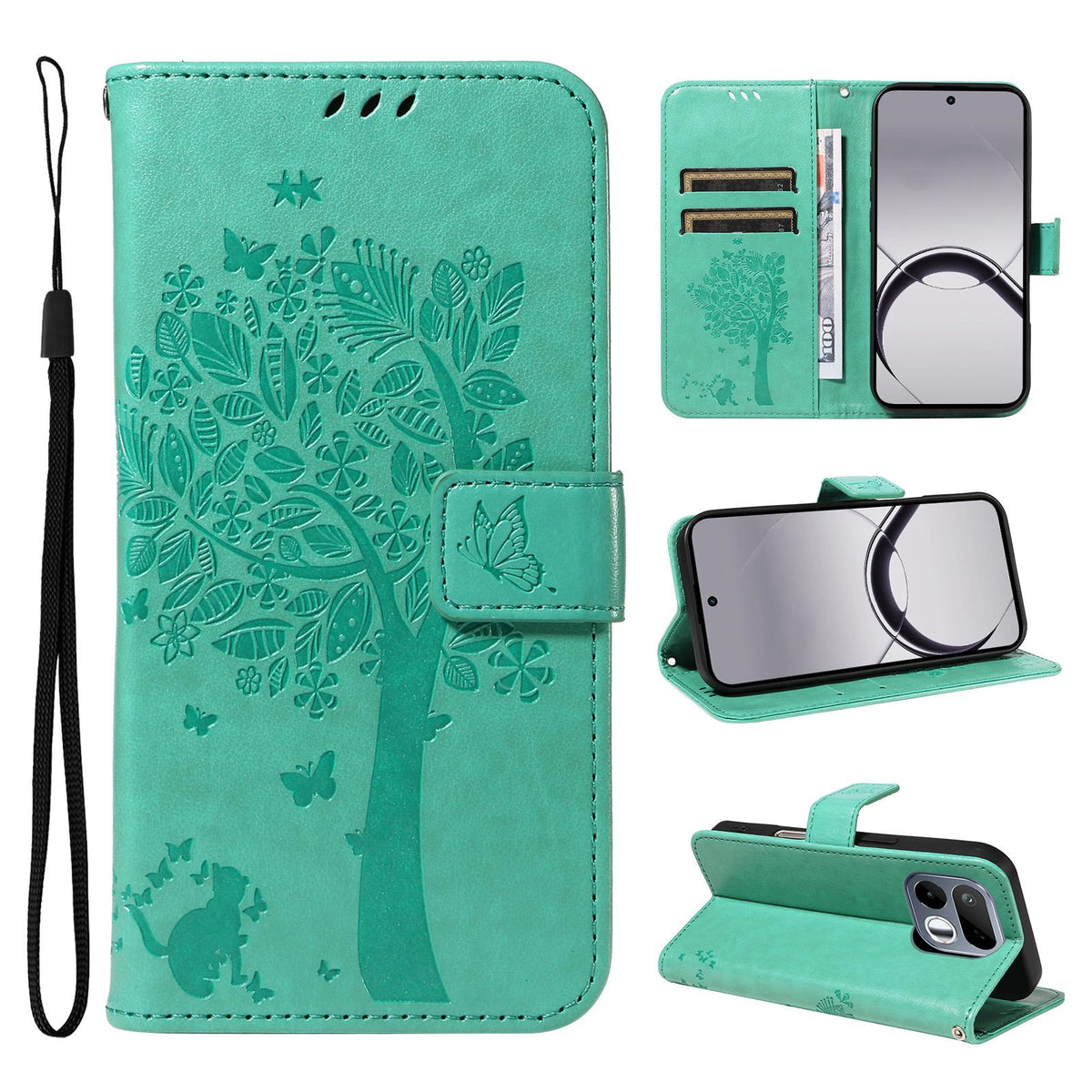 For Realme 16T 5G Tree & Cat Embossed Pattern Flip Leather Phone Case - Green - EDA006505010B