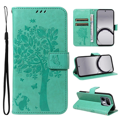 For Realme 16T 5G Tree & Cat Embossed Pattern Flip Leather Phone Case - Green - EDA006505010B