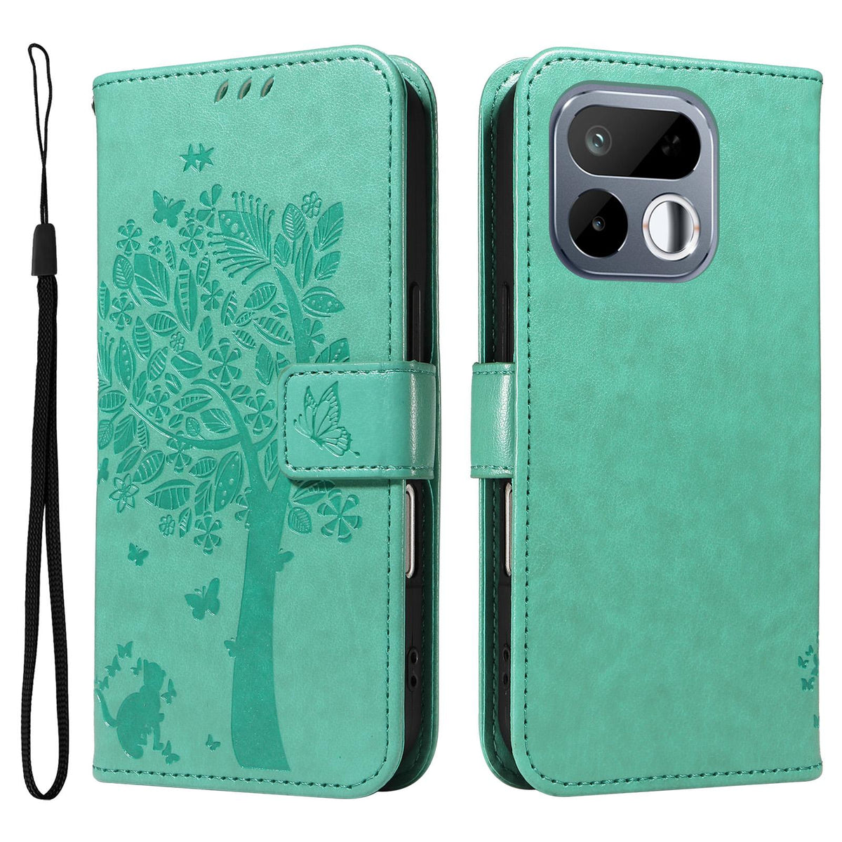 For Realme 16T 5G Tree & Cat Embossed Pattern Flip Leather Phone Case - Green - EDA006505010B