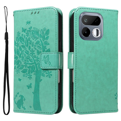 For Realme 16T 5G Tree & Cat Embossed Pattern Flip Leather Phone Case - Green - EDA006505010B