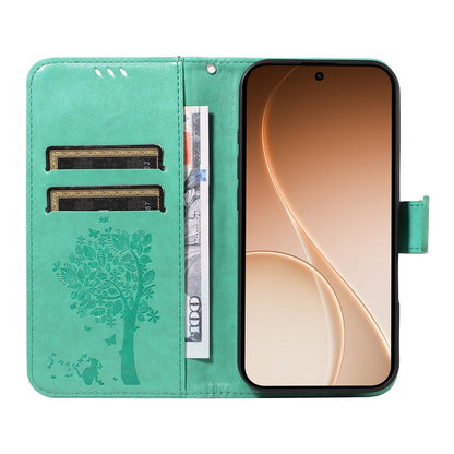 For Realme 16T 5G Tree & Cat Embossed Pattern Flip Leather Phone Case - Green - EDA006505010B