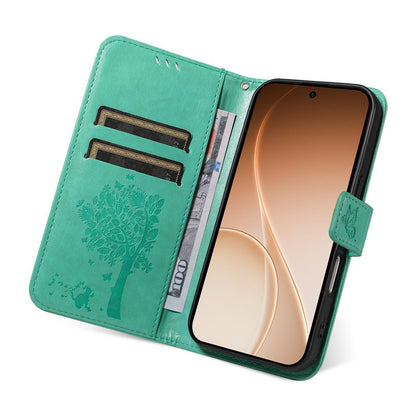 For Realme 16T 5G Tree & Cat Embossed Pattern Flip Leather Phone Case - Green - EDA006505010B