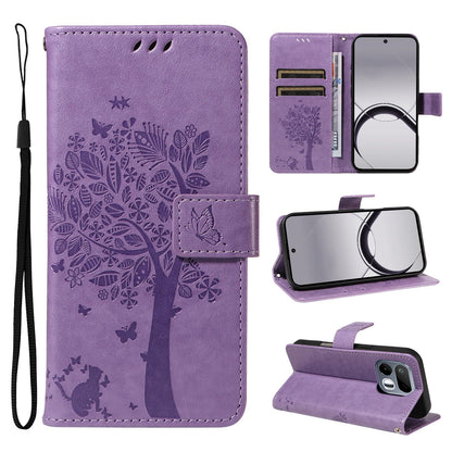 For Realme 16T 5G Tree & Cat Embossed Pattern Flip Leather Phone Case - Light Purple - EDA006505010C